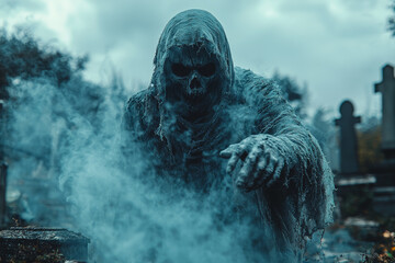Wall Mural - a chilling, ghostly apparition with tattered clothing and a haunting presence, floating through an o