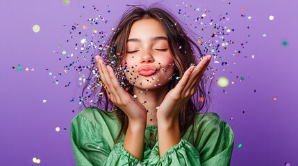 Photo portrait of attractive teen woman blow you star confetti dressed stylish green clothes isolated on violet color background