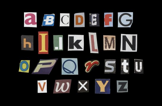 Set of cut-out English alphabet from magazines on a black background, retro y2k style