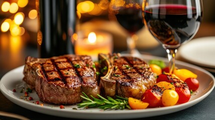 Poster - A plate of steak and vegetables with a glass of wine, AI