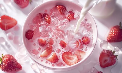 Wall Mural - a bowl of milk and fruit jelly with pink jelly in it, food.