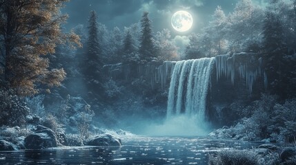 Wall Mural - Snowy forest with a frozen waterfall under the light of the full moon, with the ice and trees glowing softly in the moonlight. 4K hyperrealistic photo.