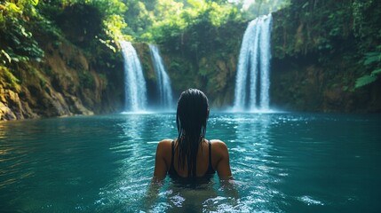 A woman in a black swimsuit swims in a serene jungle pool with two cascading waterfalls in the background, enjoying the refreshing water and natural beauty surrounding her.