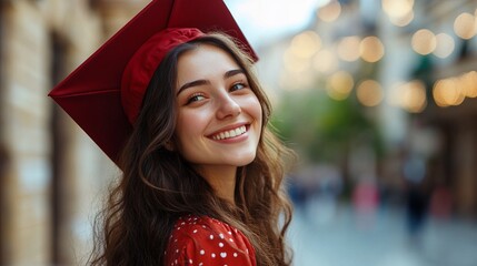 A happy European woman in a graduation cap, embodying success as a university student or alumni, possibly celebrating an MBA graduation.