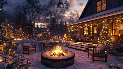 Christmas lights illuminating a snowy backyard with a fire pit, outdoor seating, and festive decorations. 4K hyperrealistic photo.