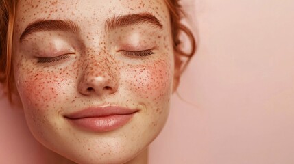 Cute woman with freckles and honey on face, with closed eyes, being satisfied of cosmetic procedures