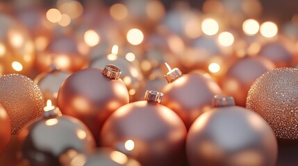 Wall Mural - Tree ornaments arranged in a color gradient from soft peach to bright gold, catching the light from nearby candles. 4K hyperrealistic photo.