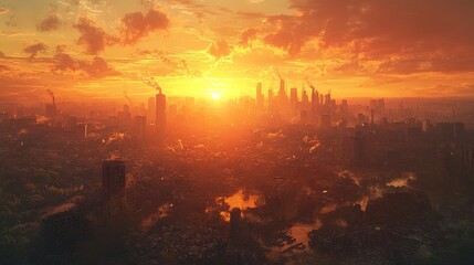 The sun sets over an apocalyptic city with a skyline of crumbling buildings and widespread ruins, casting an eerie light on a landscape of past human civilization in disarray.