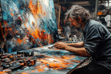 Poster - An artist creating a complex digital artwork using sophisticated software, demonstrating creativity and technical skill. Concept of artistic intelligence and digital proficiency.