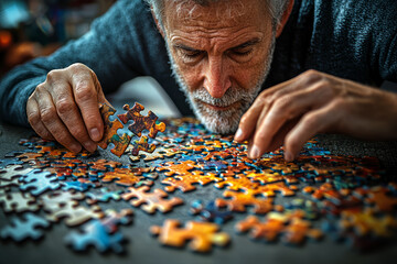 Poster - An artist arranging mismatched jigsaw puzzle pieces to form a coherent image, representing unconventional thinking and persistence. Concept of artistic problem-solving and creativity.