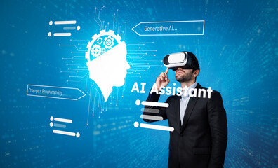 Wall Mural - Manager using VR glass writing and programing engineering prompt. Professional business man wearing visual reality headset and using Ai assistance or chat bot to coding program or system. Deviation.