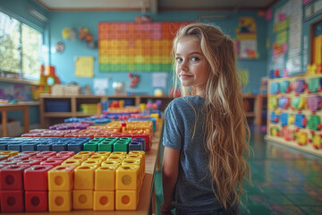 Poster - a teacher using interactive educational toys to demonstrate unique problem-solving strategies in a c