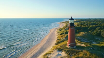 Wall Mural - Aerial view of a red lighthouse standing on a sandy beach with blue ocean water and green trees.