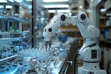 Poster - A robotic arm precisely assembling intricate components in a high-tech laboratory. Concept of automation and technical intelligence.