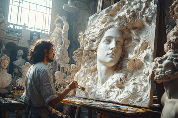 Aufkleber - A Renaissance artist meticulously painting a portrait in a sunlit studio, surrounded by classical sculptures and canvases. Concept of artistic mastery and creativity.