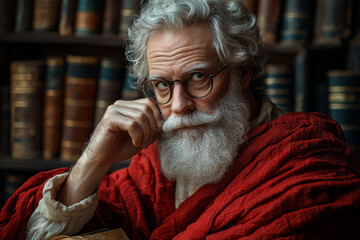 Poster - a philosopher deeply immersed in thought, surrounded by classic texts and philosophical works. conce