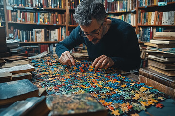 Poster - a person deeply focused on solving a complex puzzle, surrounded by books and notes. concept of cogni