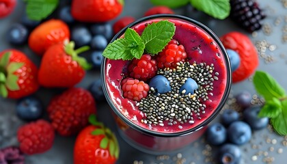 Colorful mixed berry smoothie garnished with fresh fruit, chia seeds, and mint leaves