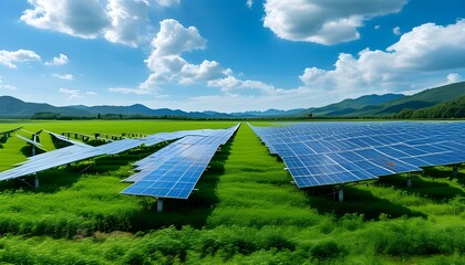 Wall Mural - Solar panels embraced by vibrant green fields under a clear blue sky, celebrating sustainable energy and environmental harmony