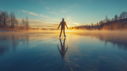 Wall Mural - Figure skater practicing on a frozen lake at dawn, with mist rising from the ice and a serene winter landscape. 4K hyperrealistic photo.