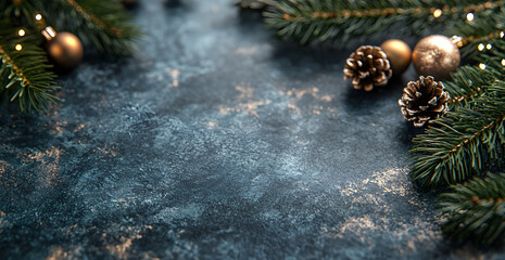 Wall Mural - A blue background with a Christmas tree and pine cones