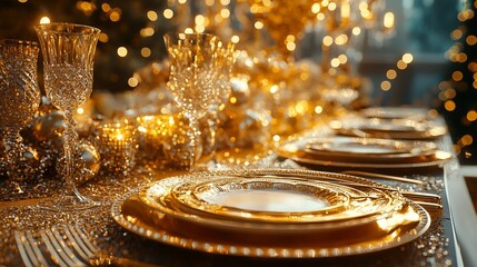 Festive golden dinner table setting with gold-rimmed plates, golden cutlery, and glittering gold centerpieces, under a chandelier of golden lights. 4K hyperrealistic photo.