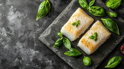 Fresh raw cod fillet with basil on a stone plate, horizontal, copy space, top view