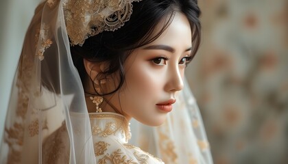 Elegant side profile of traditional Asian bride showcasing intricate veil and exquisite makeup