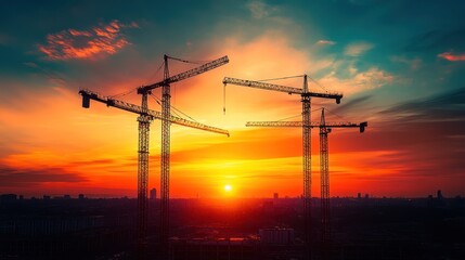 Poster - Construction Cranes at Sunset