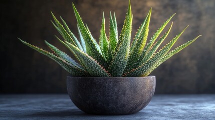 Poster - A Closeup of a Green Aloe Vera Plant in a Dark Pot