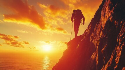 Canvas Print - Hiker at Sunset on a Mountaintop