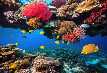 vibrant coral reef ecosystem brimming colorful marine life diverse ocean creatures, biodiversity, underwater, habitat, tropical, fish, plants, anemones, starfish