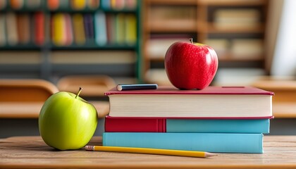 Wall Mural - Vibrant apple atop a stack of colorful books surrounded by pencils on a rustic wooden classroom desk