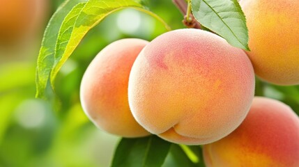 Wall Mural - A bunch of peaches hanging from a tree with green leaves, AI