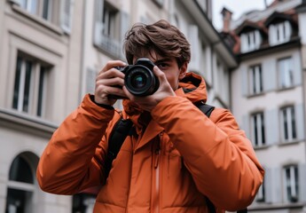 Poster - A young man takes pictures with his camera in the old town. He wears an orange jacket and is a professional photographer using natural light.