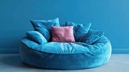 A large, round, blue bean bag chair with multiple plush cushions. The sofa is set against a matching blue wall, creating a cozy and inviting atmosphere