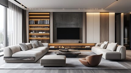 Poster - A modern living room with two white sofas, a coffee table, a large TV, and a bookshelf.