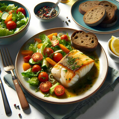 a mediterranean braised cod with green salad and tomatoes