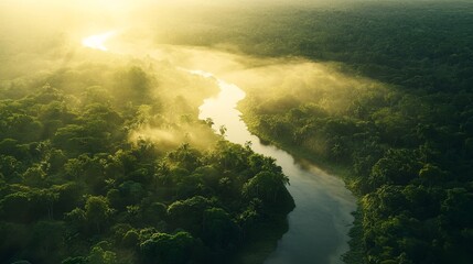 Wall Mural - Stunning aerial shot of a winding river cutting through a dense rainforest, with mist rising from the trees and sunlight filtering through the canopy. 4K hyperrealistic photo.