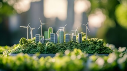 Miniature Green City with Renewable Wind Turbines in Eco Friendly Urban Landscape