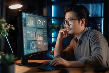 Businessman in casual attire analyzes data on a computer screen in a modern office setting during evening hours