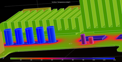 Poster - Computer 3d modeling of temperature distribution 
on surface of group 
of capacitors of printed circuit
board of an electronic device. Thermal analysis.
Cad design.