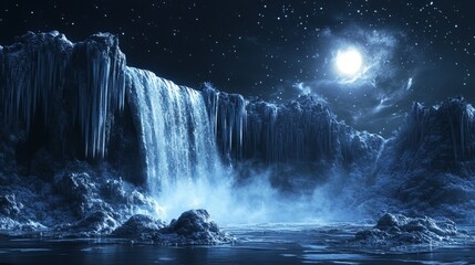 Wall Mural - Frozen waterfall under the night sky, with icicles glistening in the moonlight and stars shining above the icy cliffs. 4K hyperrealistic photo.