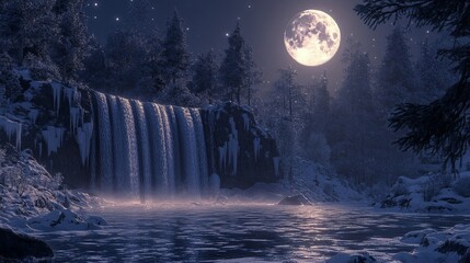 Wall Mural - Snowy forest with a frozen waterfall under the light of the full moon, with the ice and trees glowing softly in the moonlight. 4K hyperrealistic photo.