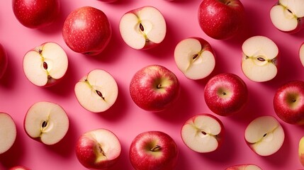 Colorful pattern of fresh ripe whole and sliced red apples