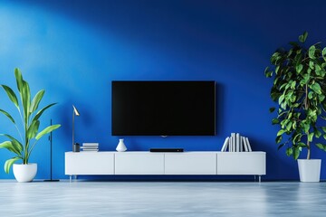 Poster - Modern Minimalist Living Room Interior with TV Stand in Elegant Blue Wall