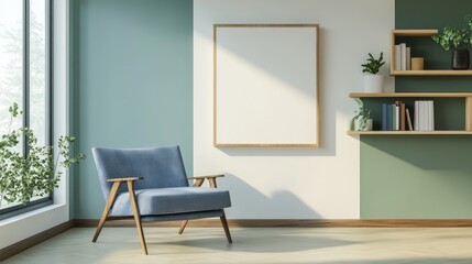 Sticker - Modern Living Room Interior with Stylish Armchair and Wood Shelves, Empty Space for Art and Design Elements