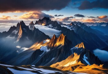 Wall Mural - majestic peaks surrounded swirling clouds creating breathtaking landscape, altitude, backdrop, beauty, captivating, composition, contrast, dramatic