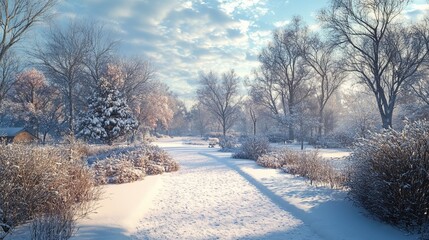 Wall Mural - Snowy path leading through a quiet suburban park, with bare trees and a frosty, blue sky. 4K hyperrealistic photo.