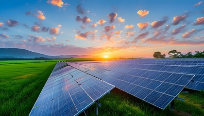 Sunrise over solar panels in a vibrant green field beneath a clear sky and fluffy clouds